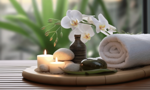 an image of flowers, hot stones, candles and a neatly rolled towel, indicating the use of Spa Laundry Services